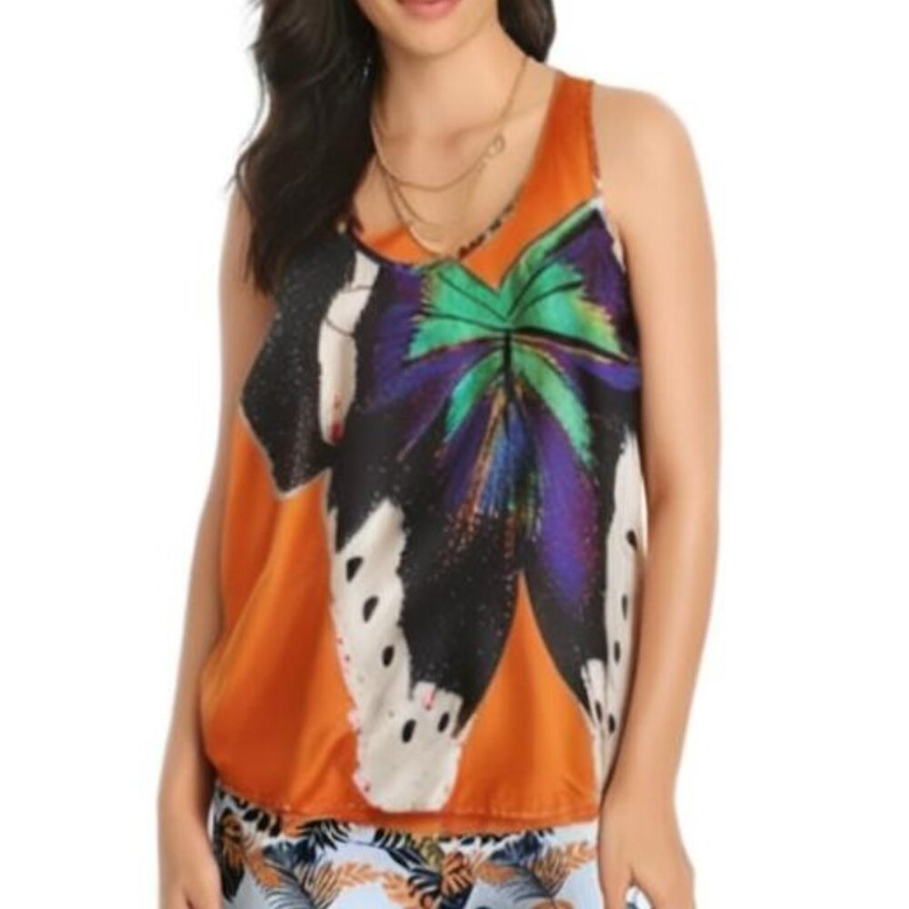 Aic a Aris Women's Butterfly Print Sleeveless Orange/Multicolor Blouse Sz Small